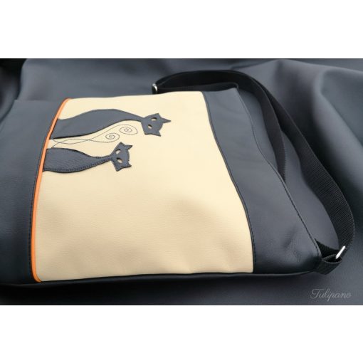 Bézs-fekete Szia cicus táska narancs csíkkal